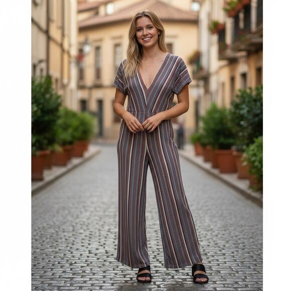 Zara Striped Jumpsuit L V Neck Earth Tone 70s Brown Rustic Wide Leg Boho Indie - Picture 1 of 7